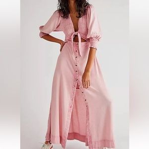 Free People String Of Hearts Maxi Dress Smocked Buttondown Cutout Pink
